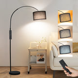 Bogenlampe mit Fernbedienung Schwarz | Wohnzimmer Stehlampe Dimmbar | Inklusive LED E27 I Braun Stoffschirm 33 cm I Fußschalter I Bogenleuchte Vintage geeignet für Schlafzimmer, Hotel [Energieklasse E]