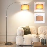 Bogen Stehlampe mit Braunem Stoffschirm 33 cm | Fußschalter & E27 LED 3000K | Stehleuchte Silber für Wohnzimmer, Schlafzimmer, Hotel [Energieklasse E]