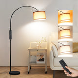 Bogenlampe mit Fernbedienung | Wohnzimmer Stehlampe Dimmbar | Inklusive LED E27 I Braun Stoffschirm 33 cm I Fußschalter I Bogenleuchte Vintage geeignet für Schlafzimmer, Hotel [Energieklasse E]