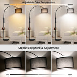 Bogenlampe mit Fernbedienung Schwarz | Wohnzimmer Stehlampe Dimmbar | Inklusive LED E27 I Braun Stoffschirm 33 cm I Fußschalter I Bogenleuchte Vintage geeignet für Schlafzimmer, Hotel [Energieklasse E]