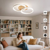 LED Deckenlampe Wohnzimmer 50cm 2-Ringe Design, 36W Deckenleuchte Moderne mit Fernbedienung Dimmbar, aus Metall+Acryl, mit Speicherfunktion, für Schlafzimmer Esszimmer Büro, Weiß+holz