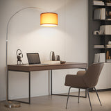Bogen Stehlampe mit Braunem Stoffschirm 33 cm | Fußschalter & E27 LED 3000K | Stehleuchte Silber für Wohnzimmer, Schlafzimmer, Hotel [Energieklasse E]