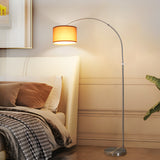 Bogen Stehlampe mit Braunem Stoffschirm 33 cm | Fußschalter & E27 LED 3000K | Stehleuchte Silber für Wohnzimmer, Schlafzimmer, Hotel [Energieklasse E]