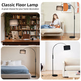 Bogenlampe mit Fernbedienung Schwarz | Wohnzimmer Stehlampe Dimmbar | Inklusive LED E27 I Braun Stoffschirm 33 cm I Fußschalter I Bogenleuchte Vintage geeignet für Schlafzimmer, Hotel [Energieklasse E]