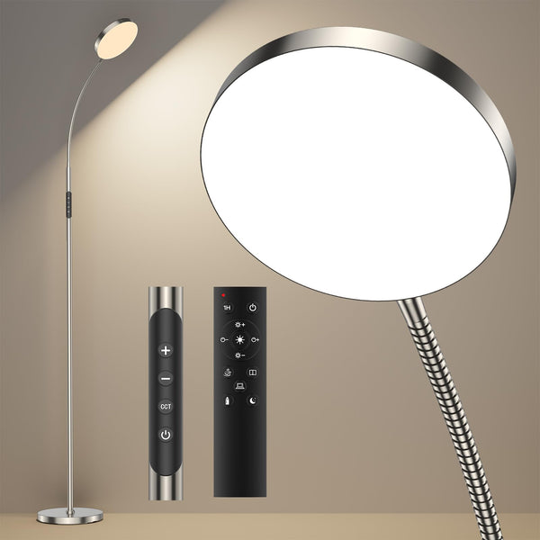 ANTENLICHT NOVA Stehlampe LED | Sofa stehlampe dimmbar mit Fernbedienung | 4 Farbtemperaturen & 4 Helligkeiten | 30 Min & 1 Stunden Timer | 18W Stehleuchte Silber für Schlafzimmer, Wohnzimmer, Büro [Energieklasse E]