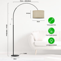 Bogenlampe Wohnzimmer Stehlampe JASMIN 165-180 cm | Inklusive LED E27 9W 3000K Glühbirne | Fußschalter | Stoffschirm Leinen beige, klassische Bogenleuchte geeignet für Schlafzimmer, Hotel