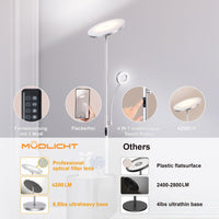 Modlicht 35W Stehlampe LED Dimmbar Silber, 4200LM Deckenfluter LED mit Leselampe, 3000-6000K LED Stehlampe Wohnzimmer mit Fernbedienung & Touch-Steuerung, Stehlampe Leselampe für Schlafzimmer Büro
