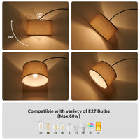 Bogenlampe Wohnzimmer Stehlampe JASMIN 165-180 cm | Inklusive LED E27 9W 3000K Glühbirne | Fußschalter | Stoffschirm Leinen beige, klassische Bogenleuchte geeignet für Schlafzimmer, Hotel